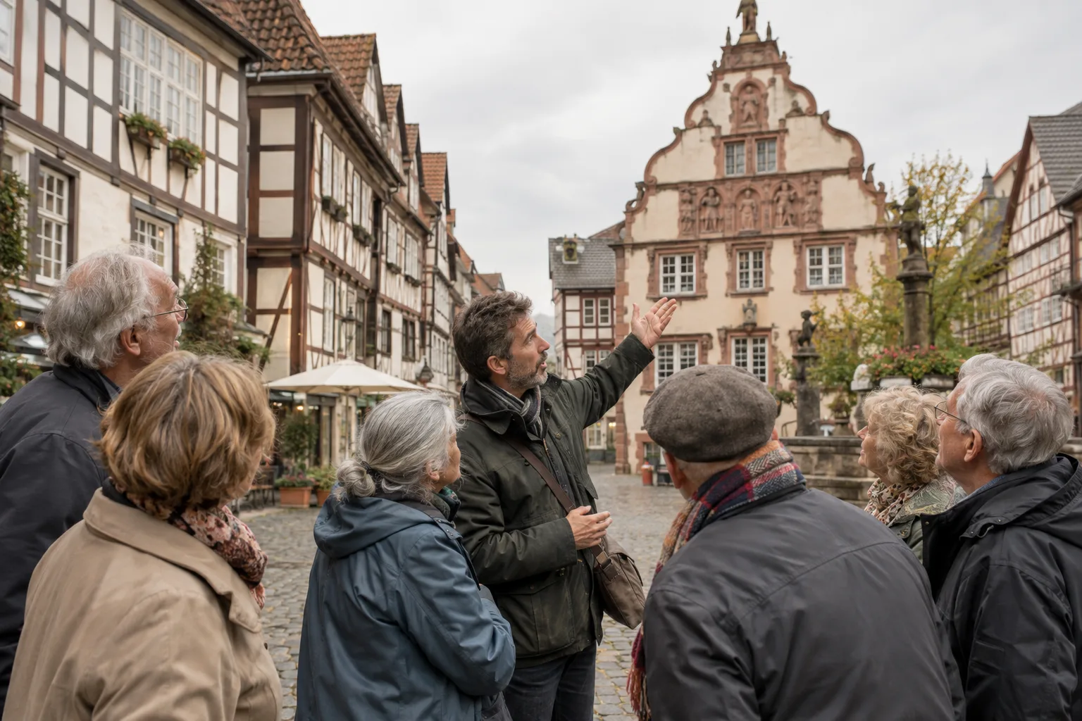Bei einer Stadtführung zeigt ein Mann einer Gruppe grauhaariger Menschen ein verziertes Gebäude zwischen Fachwerkhäusern.