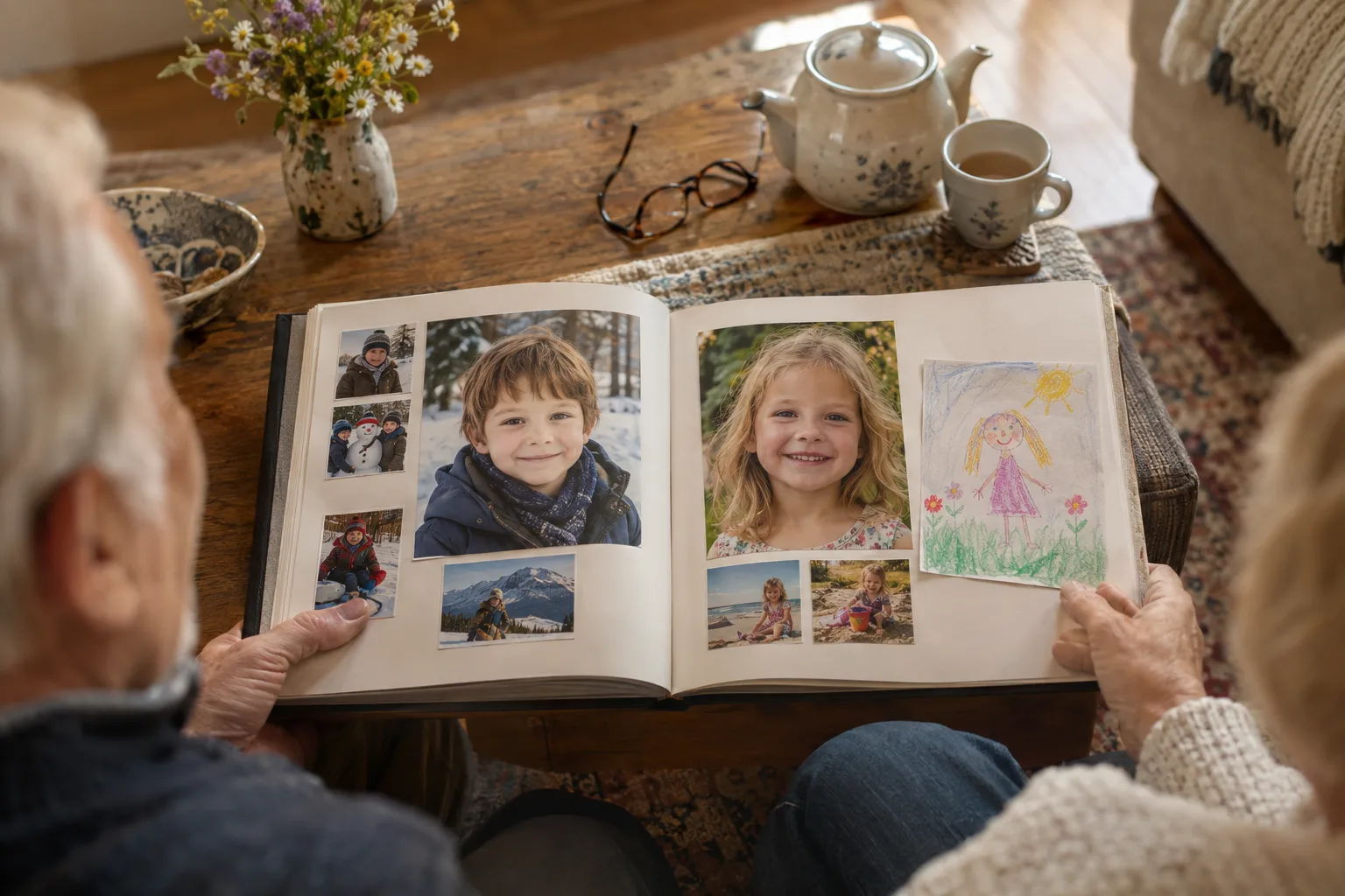 Ein aufgeschlagenes Fotobuch zeigt Kinderporträts, kleine Urlaubsbilder und eine bunte Zeichnung in den Händen eines Paares.