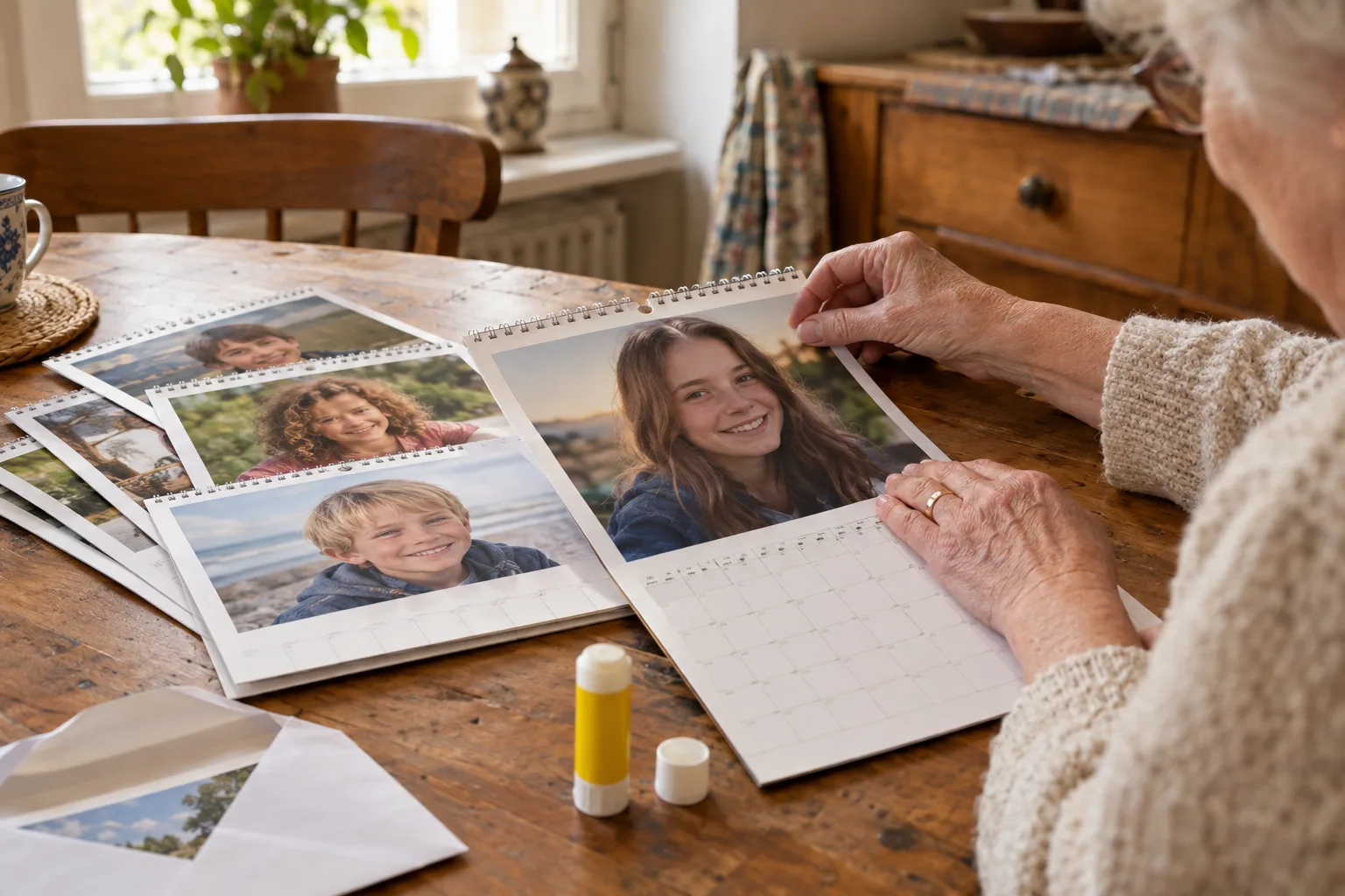 Ein Fotokalender mit Kinderporträts liegt vor einer weißhaarigen Frau, die ein Foto auflegt; daneben steht ein Klebestift.