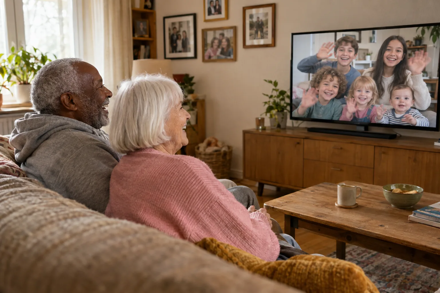 Ein Grußfilm auf dem Fernseher zeigt fünf lächelnde Kinder, einige winken; ein grauhaariges Paar schaut vom Sofa aus zu.