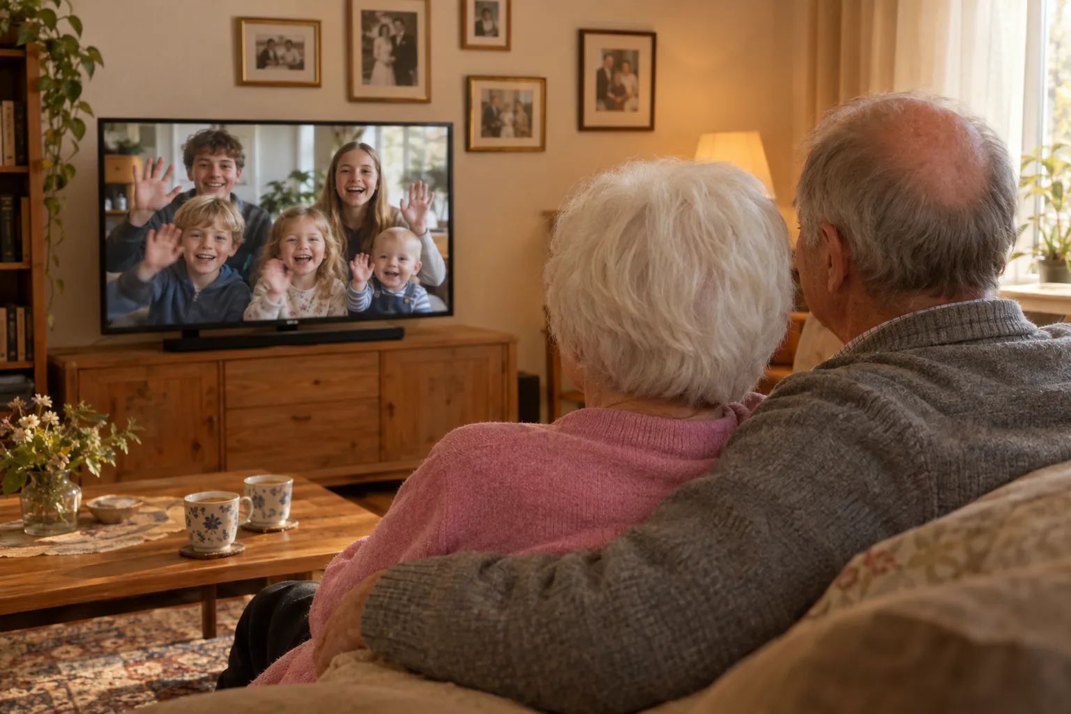 Ein Grußfilm mit fünf lächelnden, winkenden Kindern läuft auf dem Fernseher, davor sitzt ein weißhaariges Paar auf dem Sofa.