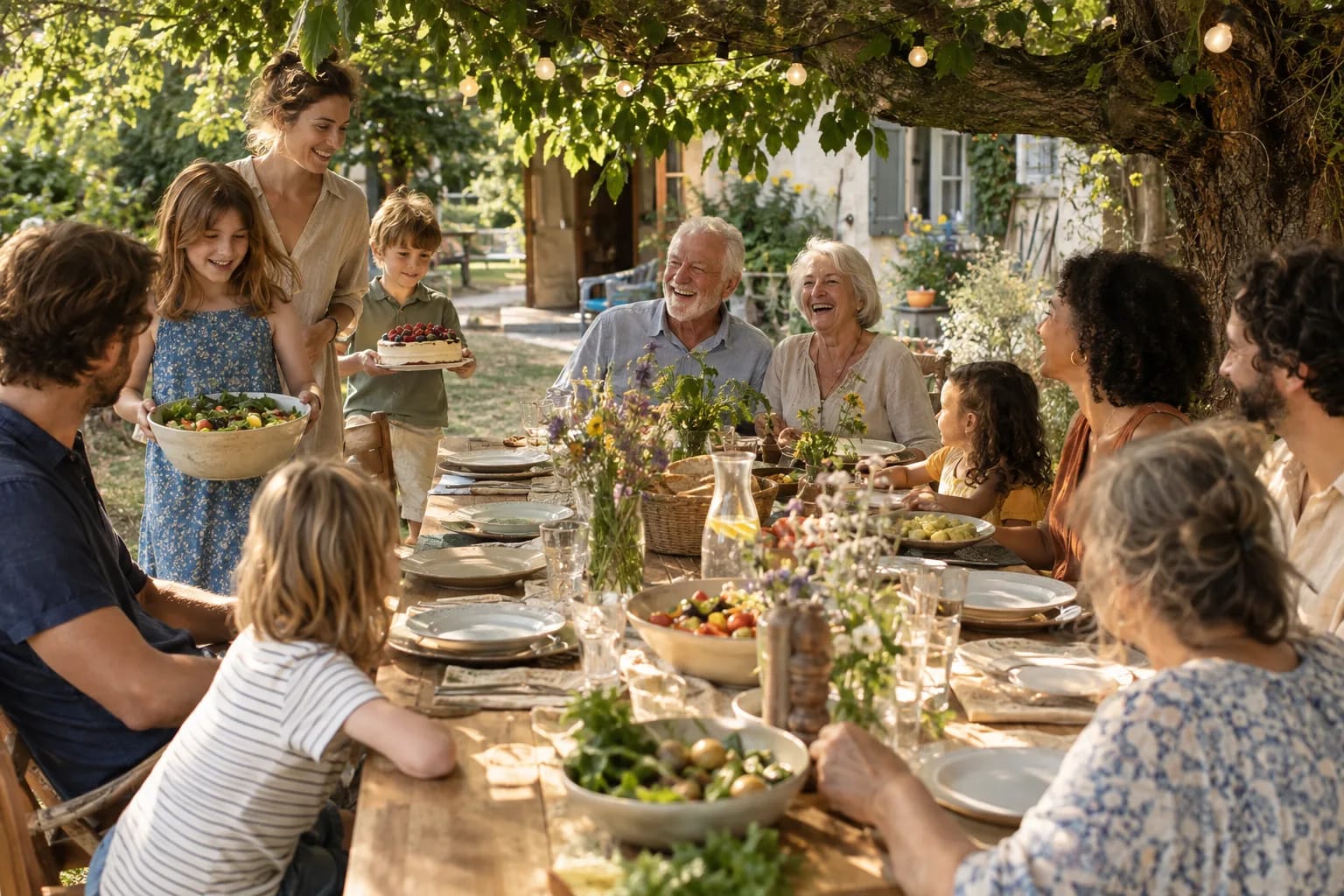 Beim Familientag im Garten bringen Kinder Salat und Kuchen an einen langen Holztisch, an dem mehrere Generationen sitzen.