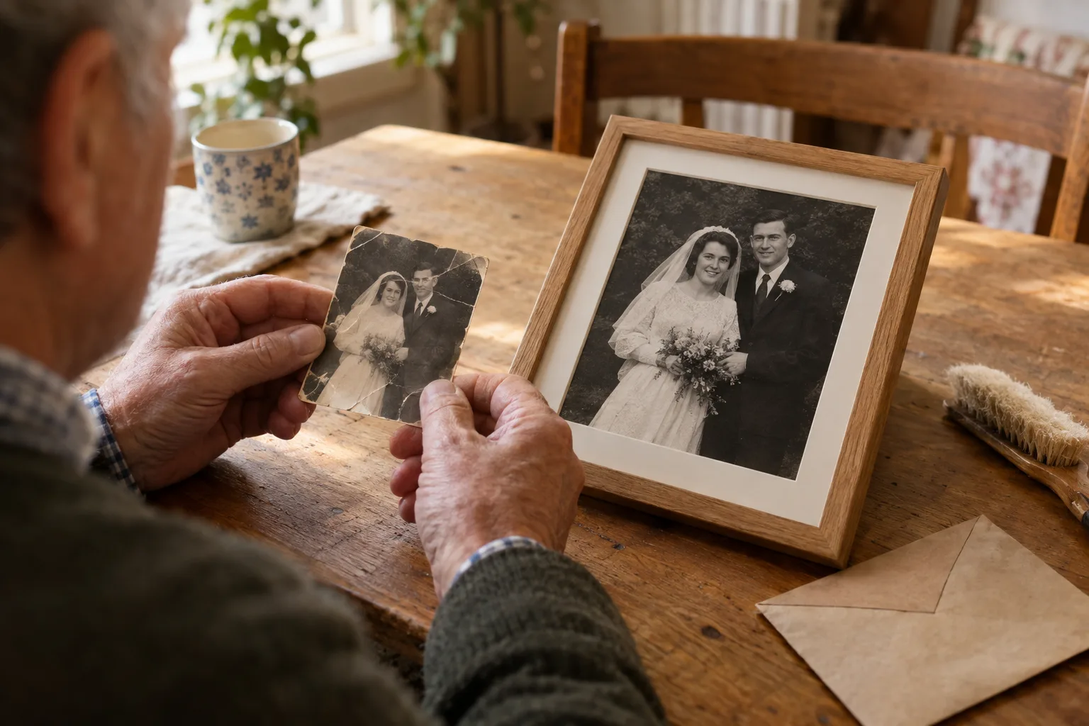 Ein Hochzeitsfoto im Holzrahmen steht auf dem Tisch, während ein Mann einen kleinen, rissigen Abzug desselben Motivs hält.