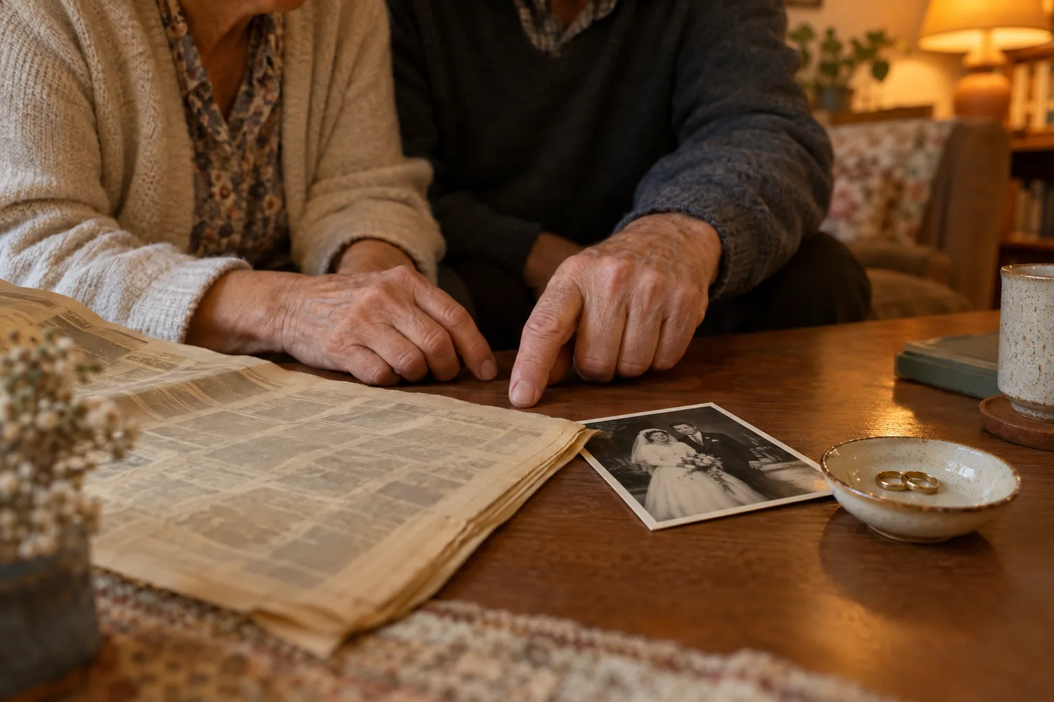 Eine vergilbte Zeitung liegt vor einem Paar auf dem Holztisch; der Mann zeigt darauf, daneben liegen Hochzeitsfoto und Ringe.