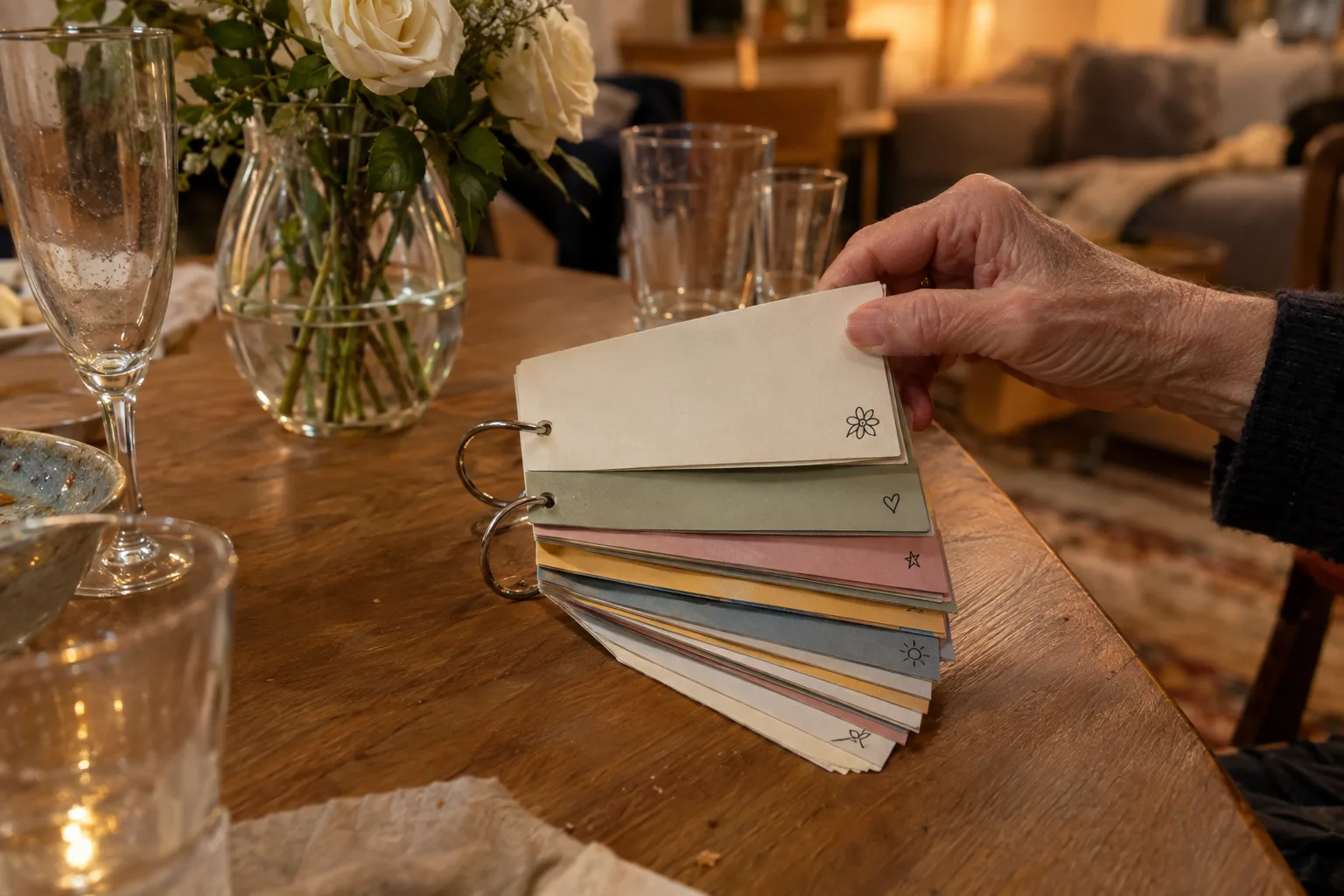 Ein mit Metallringen gebundenes Kartenbuch wird von einer Hand aufgeblättert; die pastellfarbenen Seiten tragen kleine Symbole.