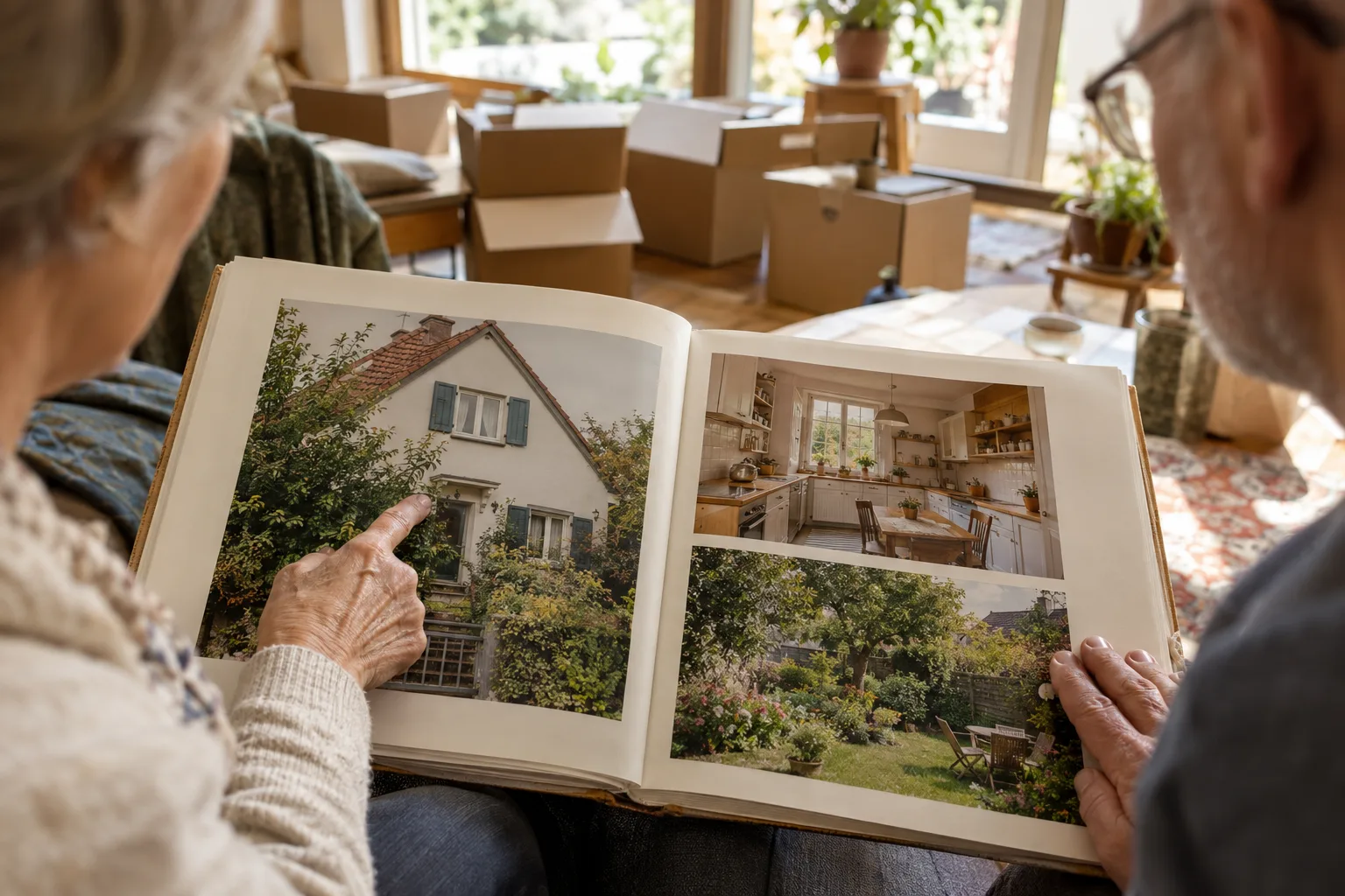 Ein aufgeschlagenes Fotobuch zeigt Haus, Küche und Garten; ein grauhaariges Paar betrachtet es, im Hintergrund stehen Umzugskartons.