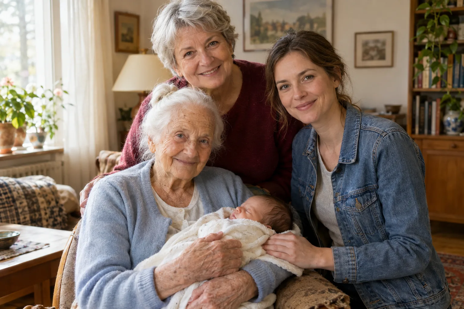 Ein Viergenerationenfoto zeigt drei lächelnde Frauen im Wohnzimmer und ein Baby in einer cremeweißen Decke auf dem Schoß einer Frau.