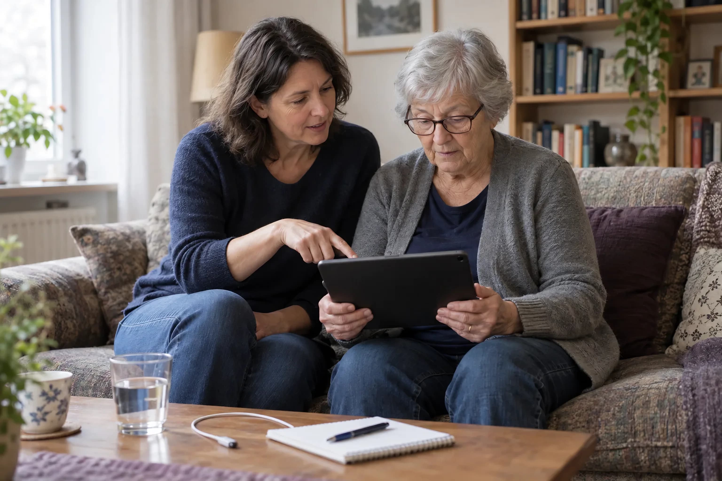A woman of about 80 holds a tablet on the sofa while her adult daughter shows her the next step in setting it up.