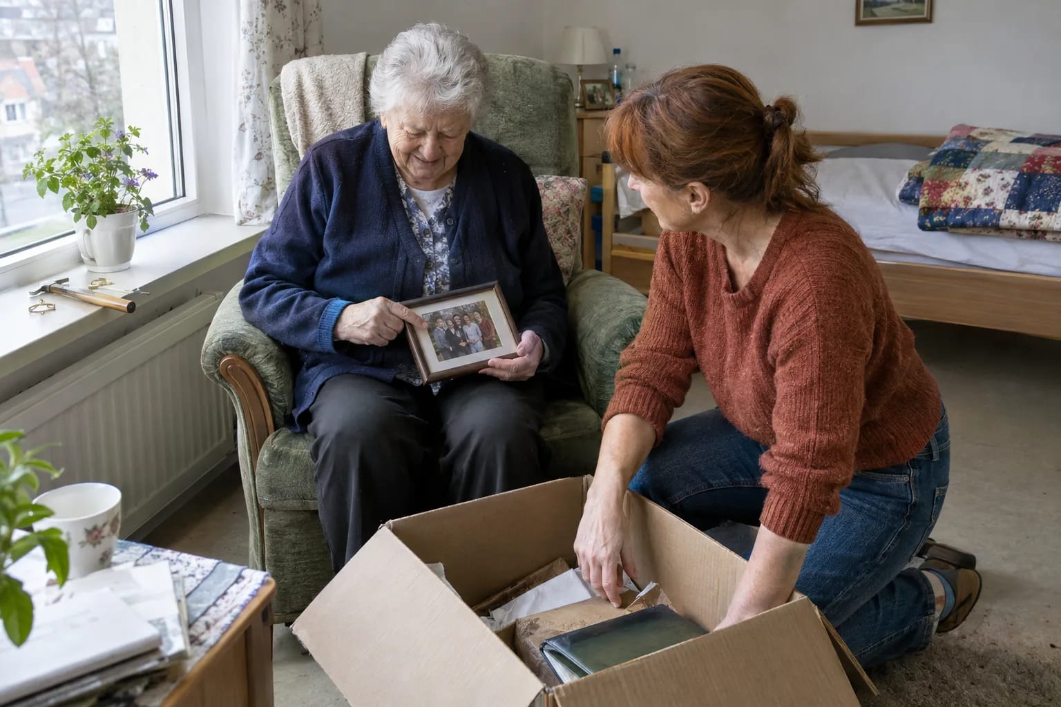 Im grünen Sessel hält eine weißhaarige Frau ein gerahmtes Familienfoto, während eine Frau neben ihr einen Karton auspackt.