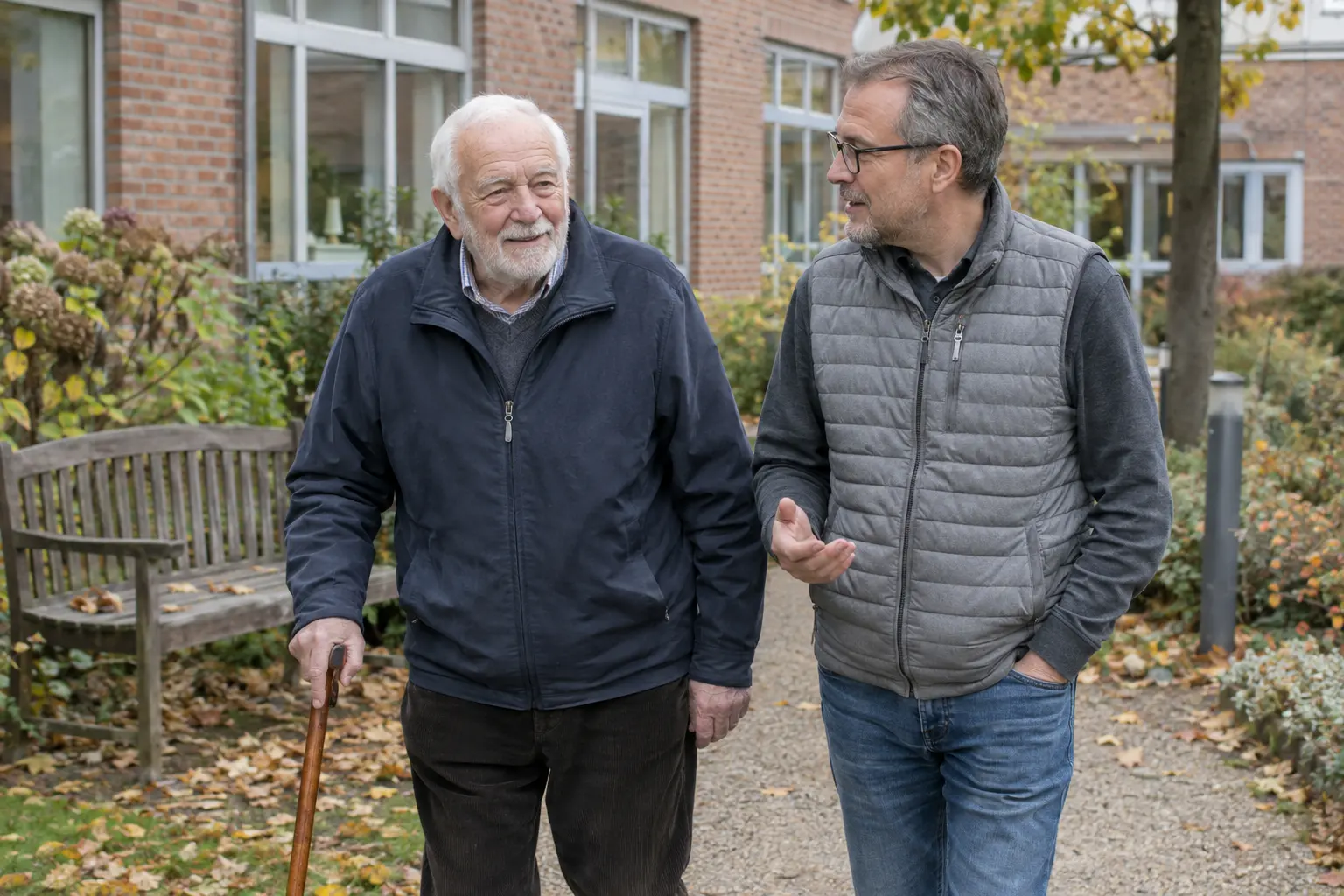 Im herbstlichen Garten geht ein weißhaariger Mann mit Gehstock lächelnd neben einem Mann in grauer Steppweste, der ihm etwas erzählt.