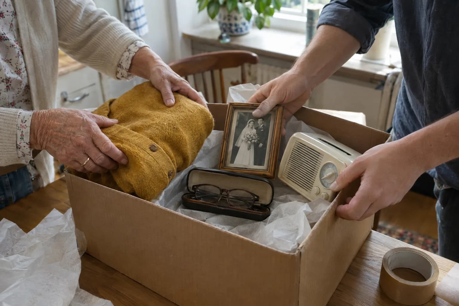 Strickjacke, gerahmtes Hochzeitsfoto, Brille und cremefarbenes Radio liegen in einem Karton, den zwei Personen packen.