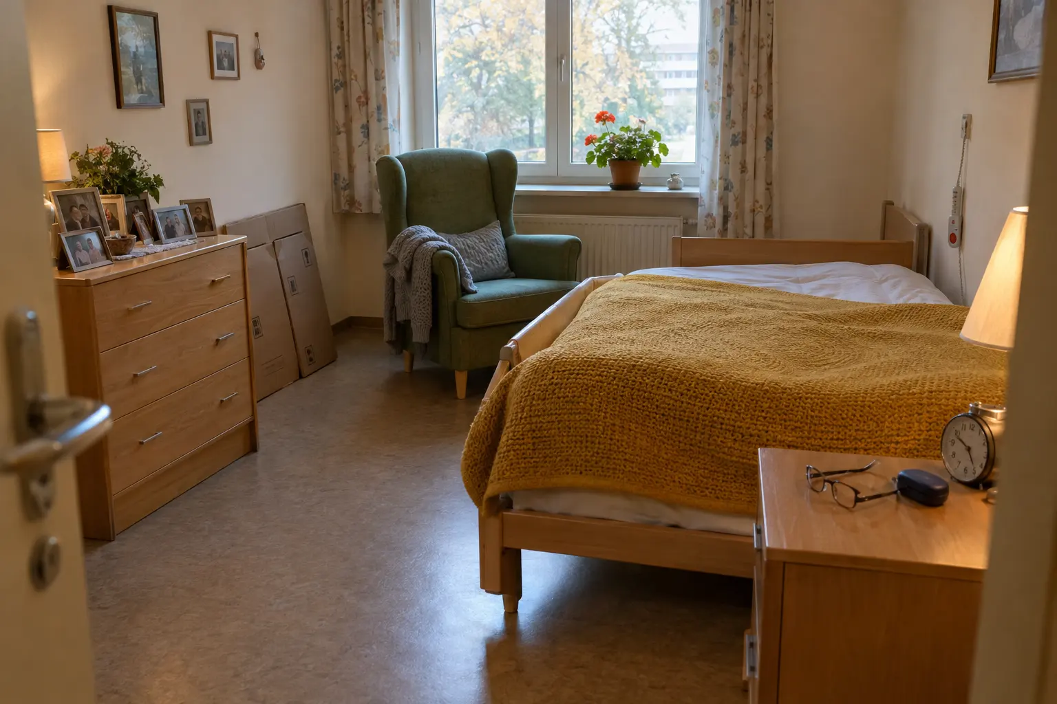 Fertig eingerichtetes Pflegeheimzimmer: senfgelbe Decke auf dem Bett, grüner Ohrensessel am Fenster, Familienfotos und Brille bereit.