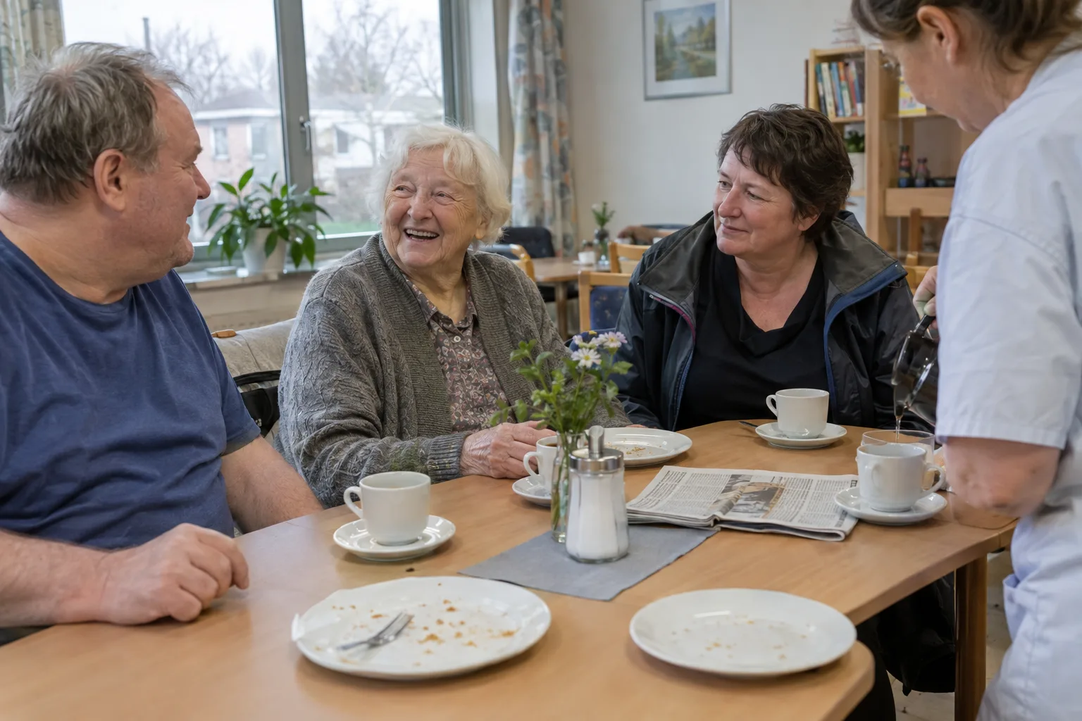 Am Kaffeetisch lacht eine weißhaarige Frau zwischen einem Mann und einer Frau, während eine Person in Weiß Kaffee eingießt.