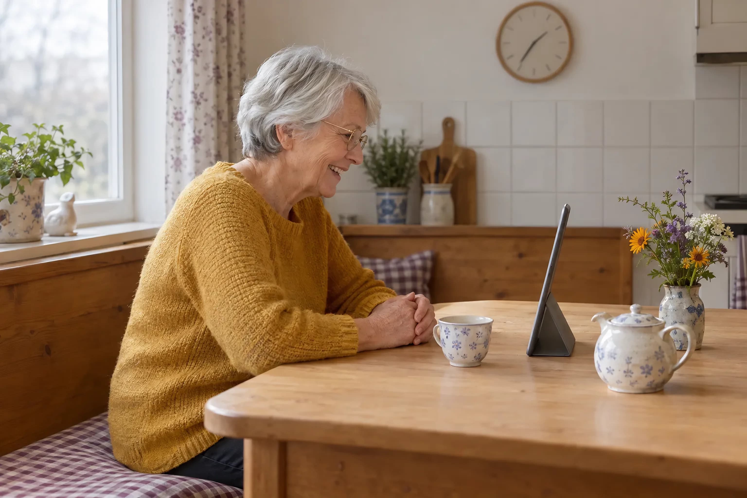 A woman of about 80 sits on a wooden kitchen bench, laughing on a video call; the tablet is propped on a stand on the table in front of her.